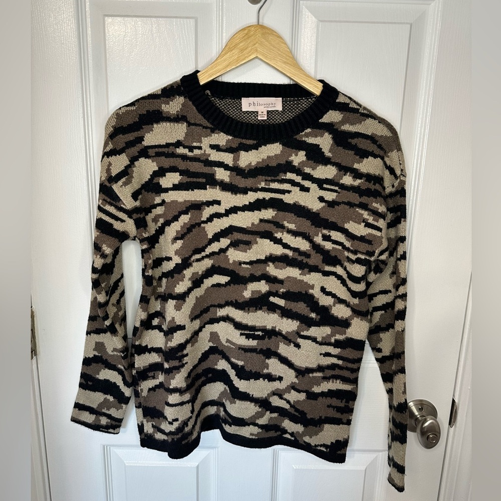 Philosophy Republic Clothing Womens Brown Camo Zebra Print Pullover Sweater M